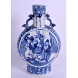 A 19TH CENTURY CHINESE BLUE AND WHITE PILGRIM FLASK bearing Kangxi marks to base. 21 cm high.