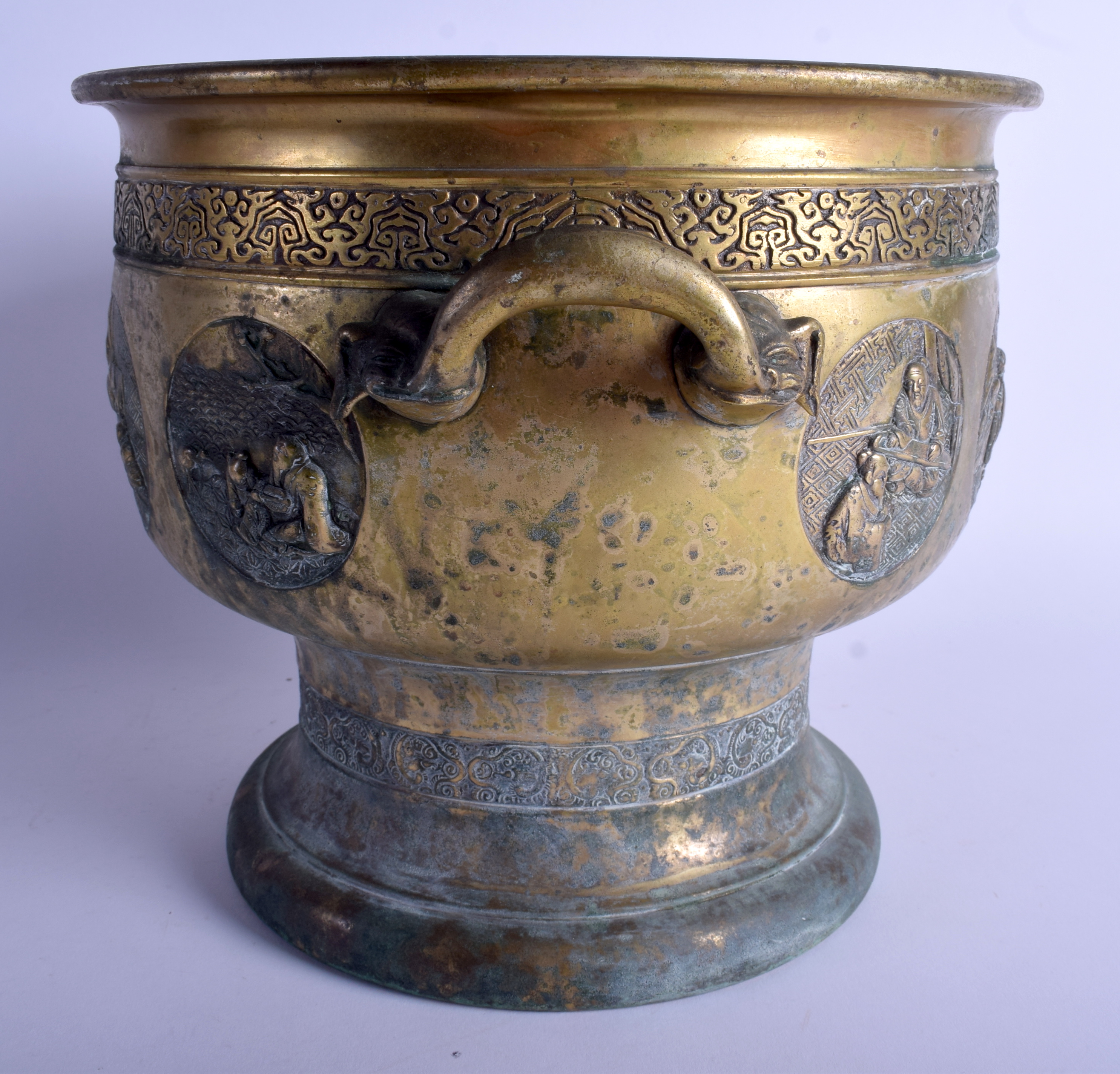 A LARGE 19TH CENTURY JAPANESE MEIJI PERIOD BRONZE CENSER decorated with panels of figures. 24 cm x - Image 2 of 9