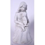 A PARIAN PORCELAIN FIGURINE OF A SEATED FEMALE, modelled seated in floral robes golding a child. 16