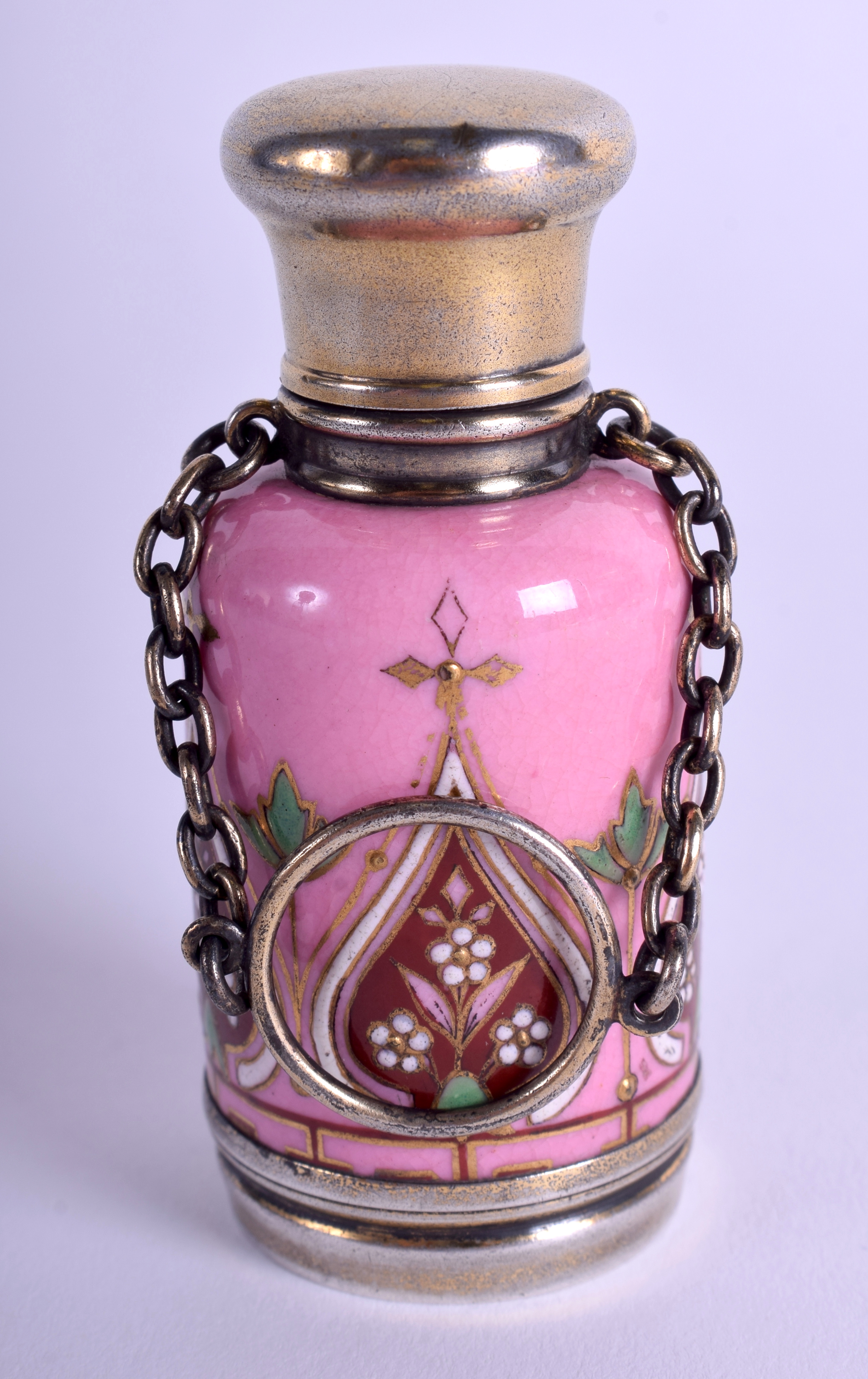 A GOOD 19TH CENTURY FRENCH ISLAMIC MARKET SCENT BOTTLE painted with floral motifs. 7 cm high.