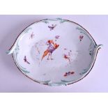 AN 18TH CENTURY CHELSEA DERBY PORCELAIN DISH painted with birds. 23 cm x 17 cm.