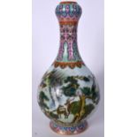 A CHINESE FAMILLE ROSE GARLIC NECK PORCELAIN VASE bearing Qianlong marks to base. 30 cm high.