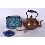 A LARGE COPPER TEA POT, together with an islamic enamelled dish, box and a Shelley ash tray. (4)