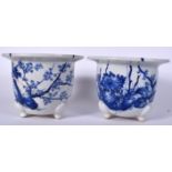 A PAIR OF JAPANESE TAISHO PERIOD BLUE AND WHITE PORCELAIN PLANTER, decorated with extensive foliage