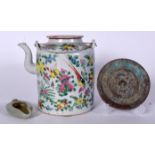 A CHINESE BRONZE HAND MIRROR, together with a jade water dropper and a famille rose porcelain tea p
