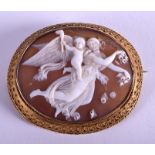 AN ANTIQUE GOLD CAMEO BROOCH carved with a figure holding fruiting vines. 16.8 grams. 5.5 cm x 4.75