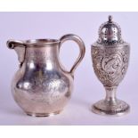 A VICTORIAN SILVER CREAM JUG together with an embossed silver sugar pepper pot. 5.6 oz. 7.5 cm & 9.