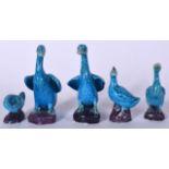 FIVE CHINESE BLUE GLAZED PORCELAIN DUCKS, varying size. Largest 10 cm. (5)