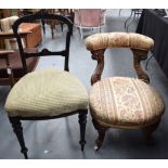 AN ANTIQUE NURSING CHAIR, together with an ebonised dining chair. (2)