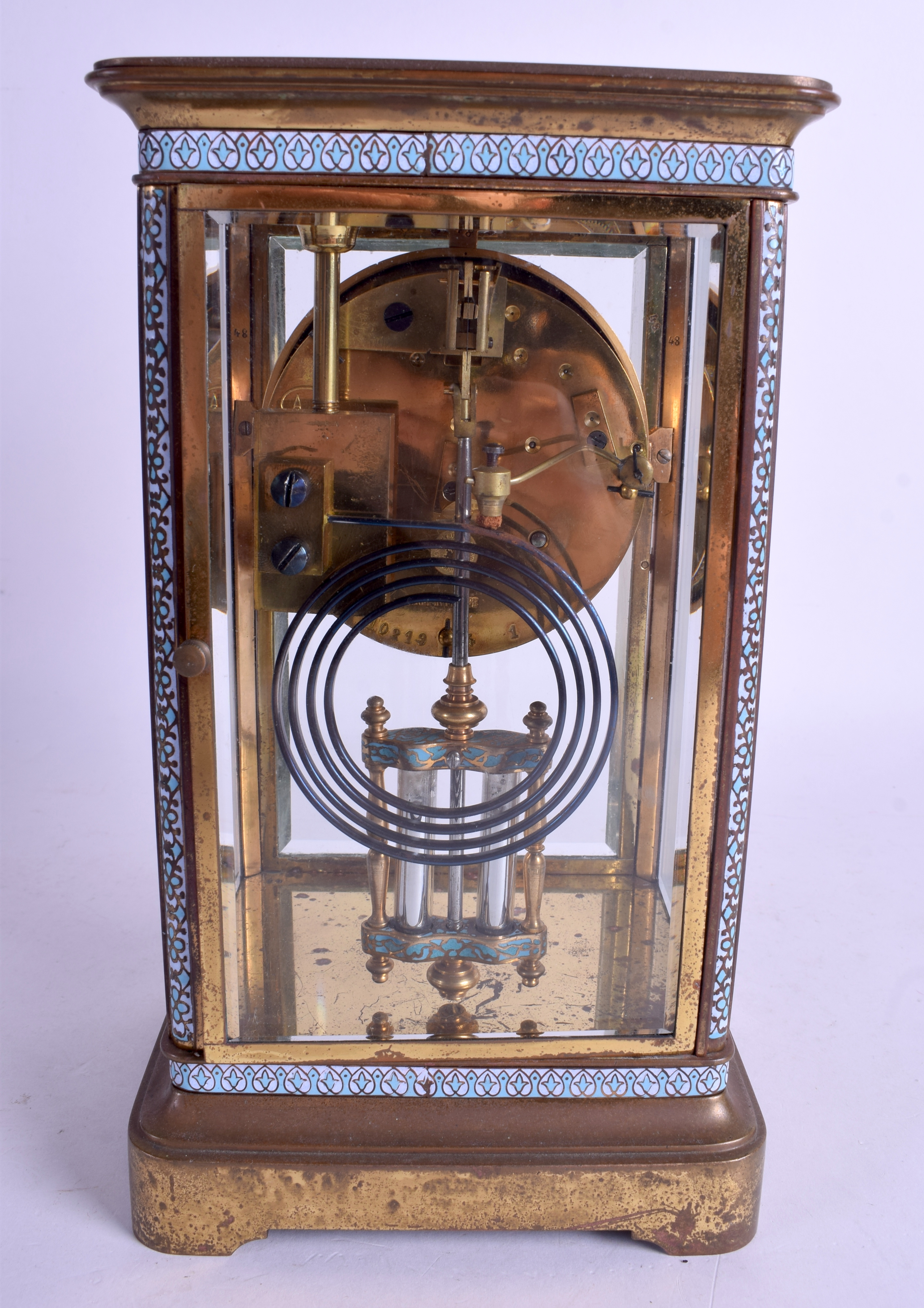 AN ANTIQUE SHREVE GRUMP & LOW CO CHAMPLEVÉ ENAMEL REGULATOR CLOCK. 23 cm x 15 cm. - Image 3 of 3