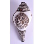 A 19TH CENTURY CHINESE TIBETAN SILVER TURQUOISE AND CORAL CONCH SHELL decorated with a dragon among