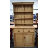 A LATE VICTORIAN PINE WELSH DRESSER, formed with three shelves and two short drawers. 202 cm x 94 c