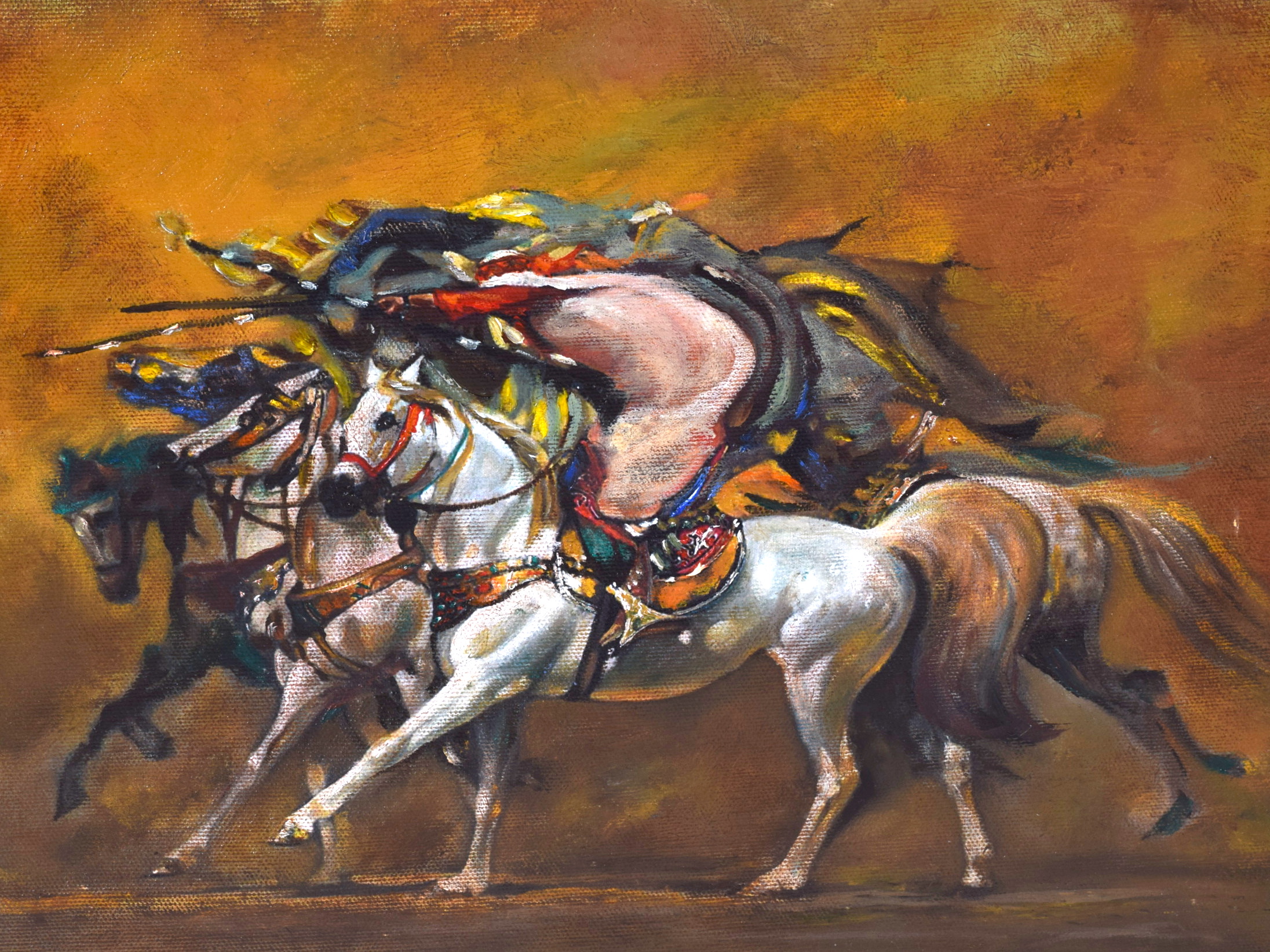 ARABIC SCHOOL (20th century) FRAMED OIL ON CANVAS, figures charging on horseback. 27 cm x 33.5 cm. - Image 2 of 3