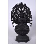 A 20TH CENTURY CHINESE BRONZE FIGURE OF A MULTI ARMED DEITY, formed upon a plinth with flaming shri