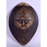 AN UNUSUAL OCEANIC AFRICAN TRIBAL CARVED STONE MASK with zig zag motifs. 27 cm x 17 cm.