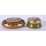 AN ANTIQUE ITALIAN GILT METAL MICRO MOSAIC SNUFF BOX together with another pill box. 5 cm & 3 cm wi
