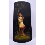 A LARGE ANTIQUE RUSSIAN BLACK LACQUER SNUFF BOX painted with a piper. 12 cm x 5 cm.