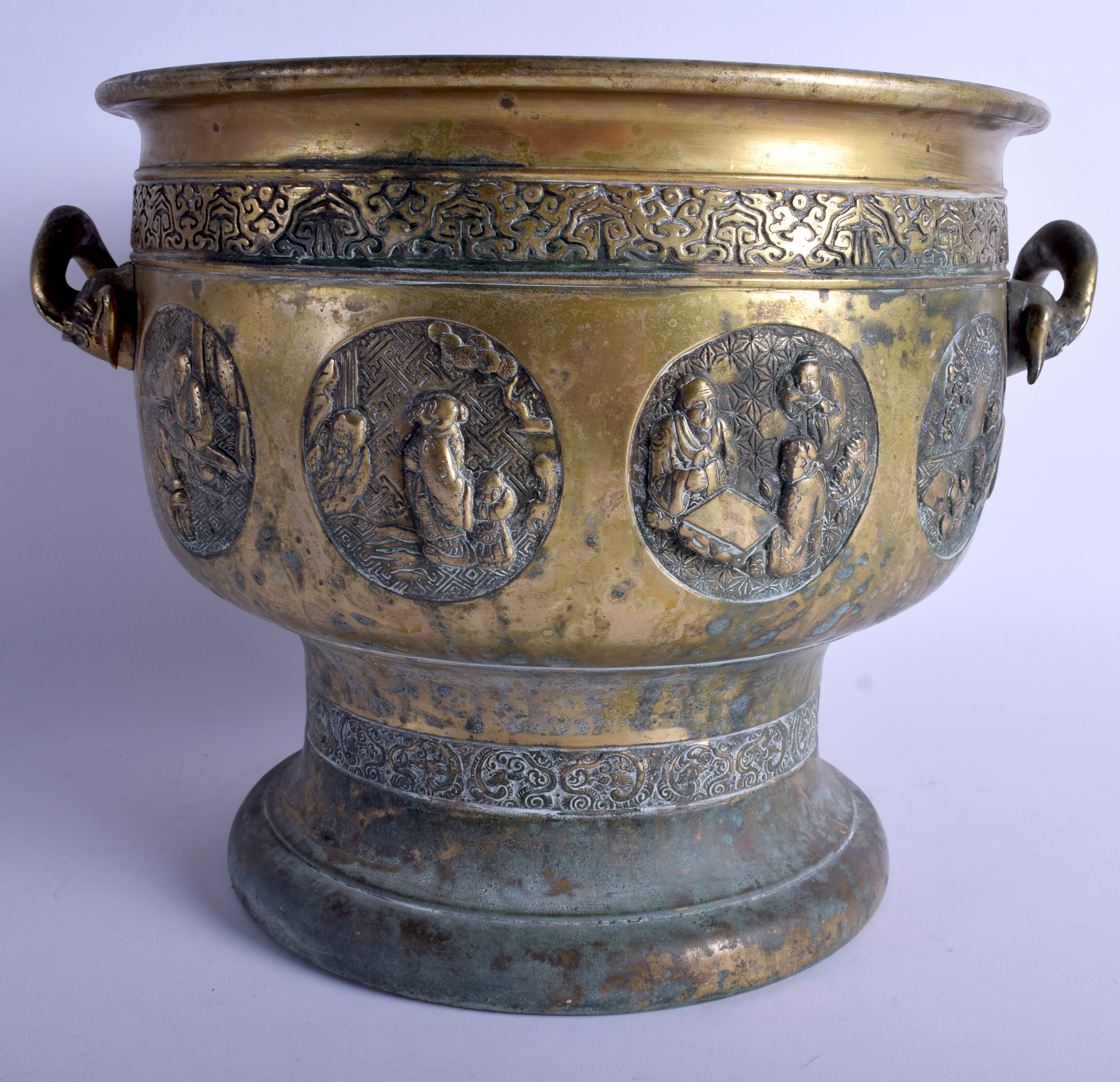 A LARGE 19TH CENTURY JAPANESE MEIJI PERIOD BRONZE CENSER decorated with panels of figures. 24 cm x