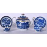 AN 18TH CENTURY NEW HALL TRENCH MORTAR PORCELAIN TEA POT, together with two tea bowls and saucers.