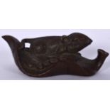 A JAPANESE BRONZE GROUP IN THE FORM OF A RAT, modelled upon a leaf, signed. 8 cm wide.