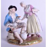 A 19TH CENTURY MEISSEN FIGURE OF A SEATED MALE modelled with a female holding a goose. 17 cm x 17 c