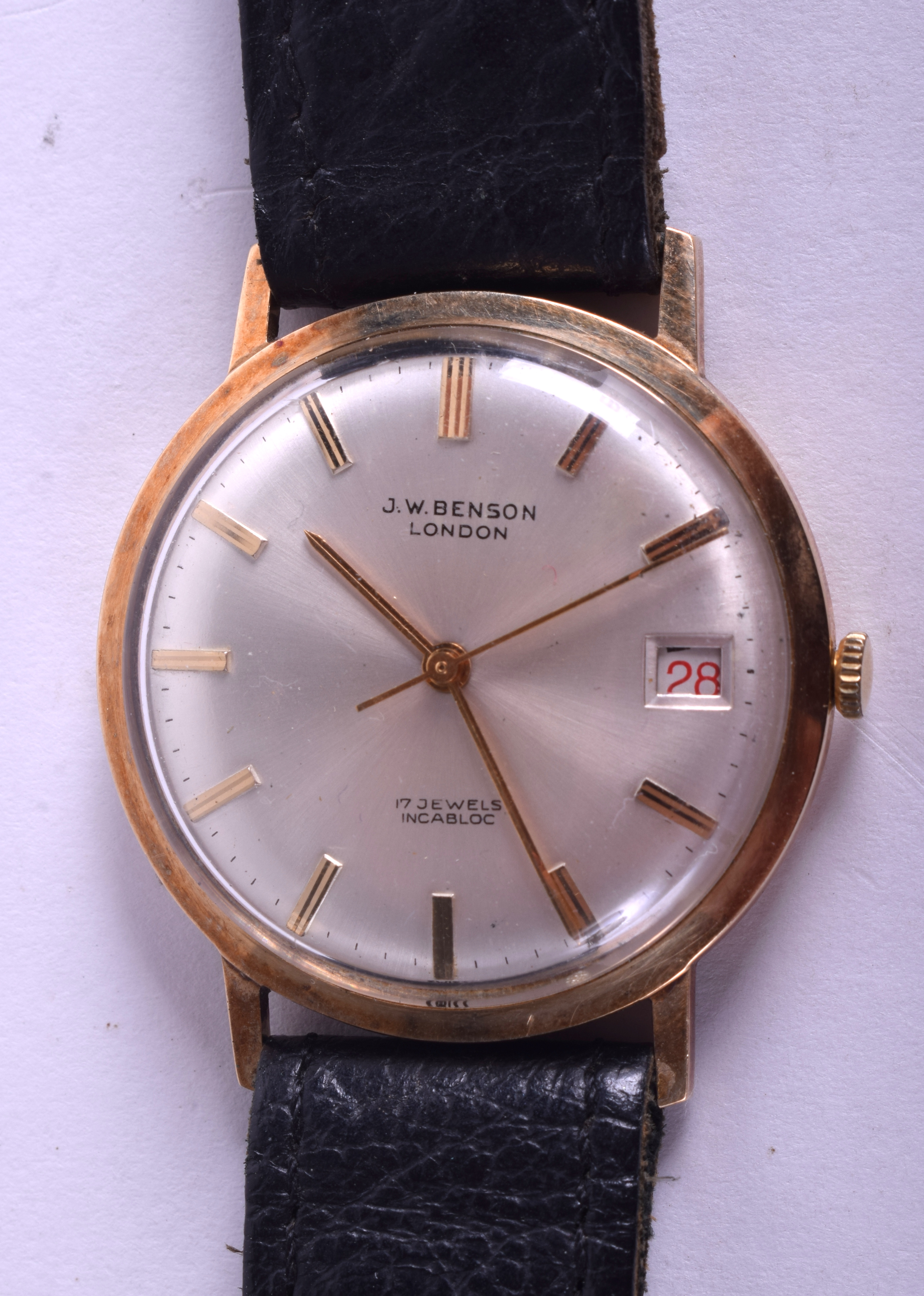 A VINTAGE 9CT GOLD J W BENSON LONDON WATCH. 3 cm diameter.