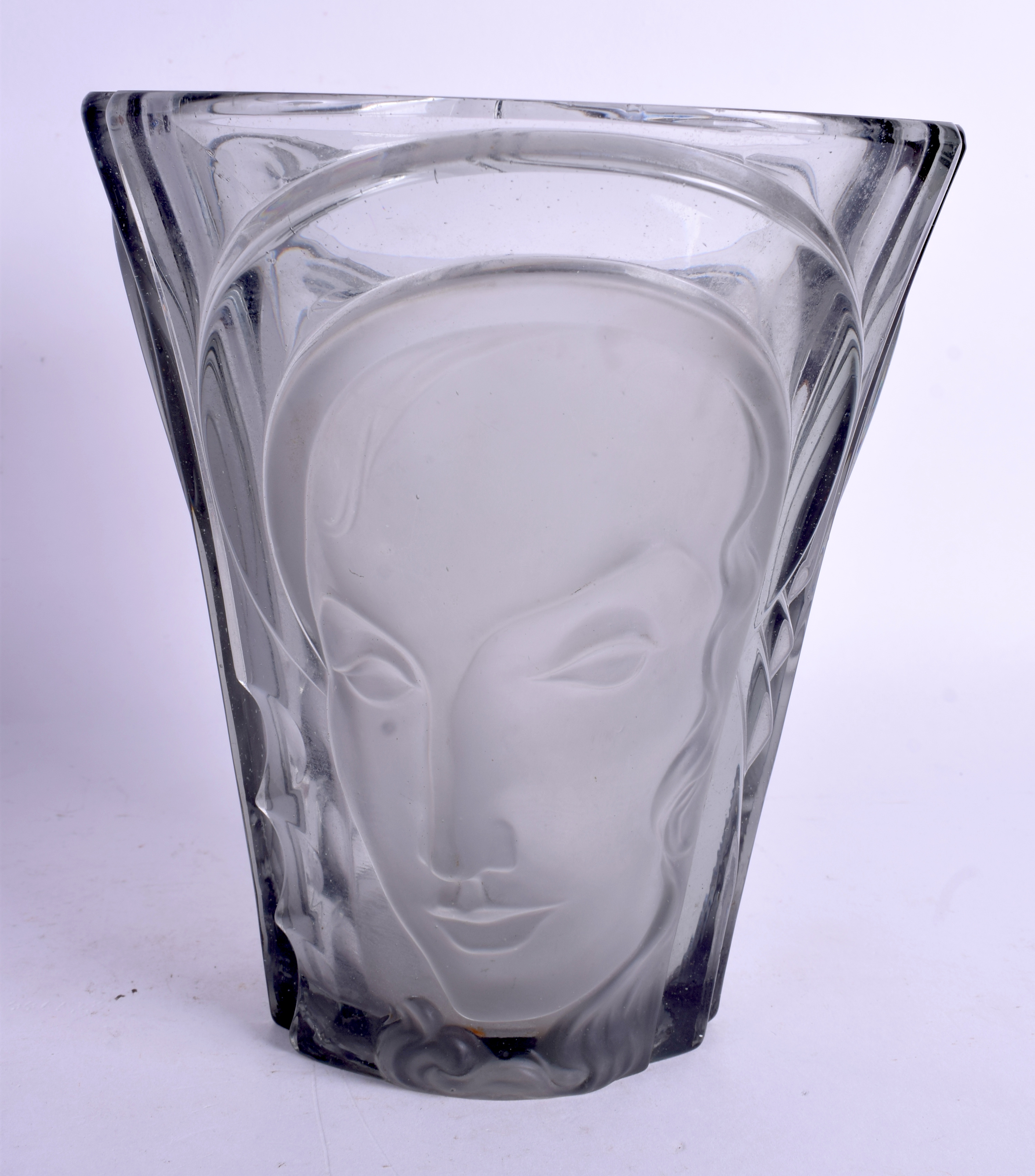 AN ART DECO CZECH SMOKEY GREY GLASS PORTRAIT VASE. 19 cm x 15 cm.