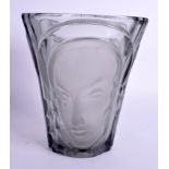 AN ART DECO CZECH SMOKEY GREY GLASS PORTRAIT VASE. 19 cm x 15 cm.