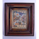 A PERSIAN INDIAN FRAMED ILLUMINATED MANUSCRIPT depicting figures within landscapes. Image 25 cm x 1