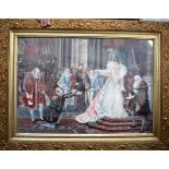 AN ANTIQUE FRAMED COLOURED PRINT DEPICTING QUEEN ELIZABETH I, in a court scene. 58 cm x 83 cm.