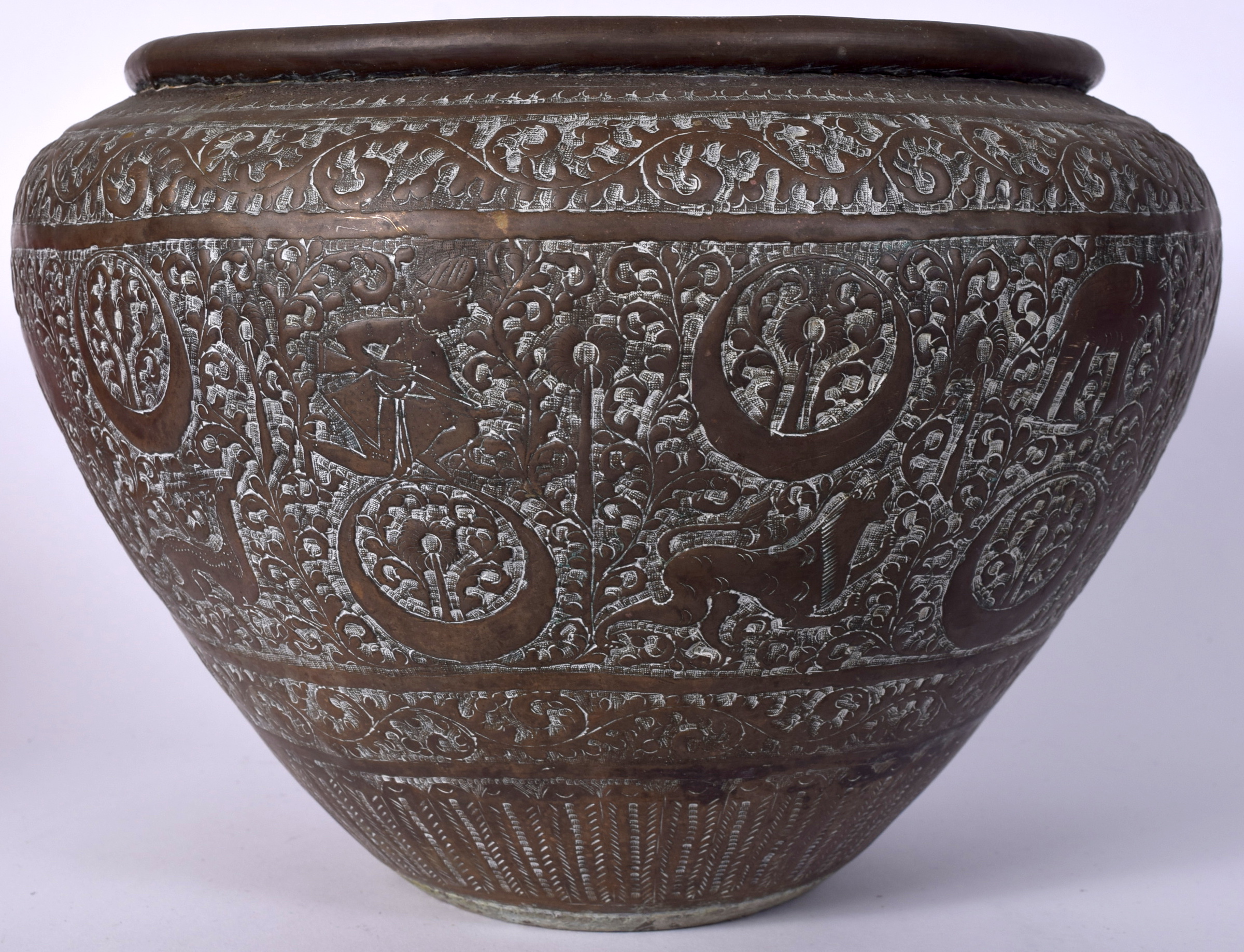 A LARGE 19TH CENTURY INDIAN BRONZE VASE JARDINIERE, decorated in relief with figures and animals am