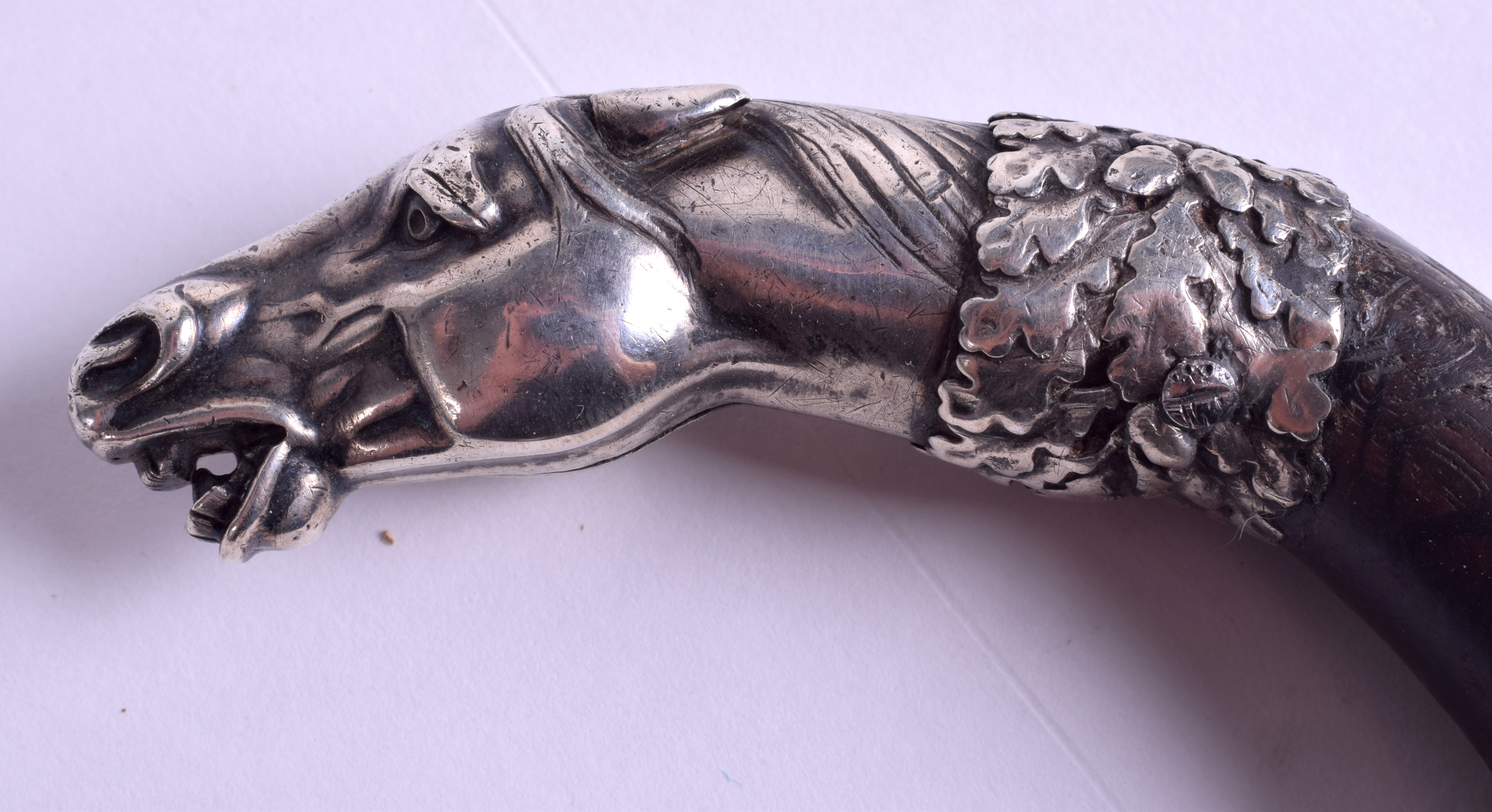 A 19TH CENTURY CONTINENTAL SILVER HORSE HEAD WALKING CANE possibly Russian. 83 cm long. - Image 2 of 3