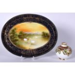 A JAPANESE NORITAKE PORCELAIN OVAL DISH DECORTAED WITH SWANS, together with a small vase. Tray 32 c
