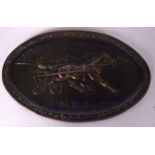 AN OVAL BRONZE PLAQUE DEPICTING A HORSE IN A LANDSCAPE, decorated with a floral border. 17.5 cm x 2