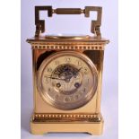 A LARGE FRENCH BRASS MULTI FUNCTION BRASS CARRIAGE CLOCK inset with a compass, within a fitted leat