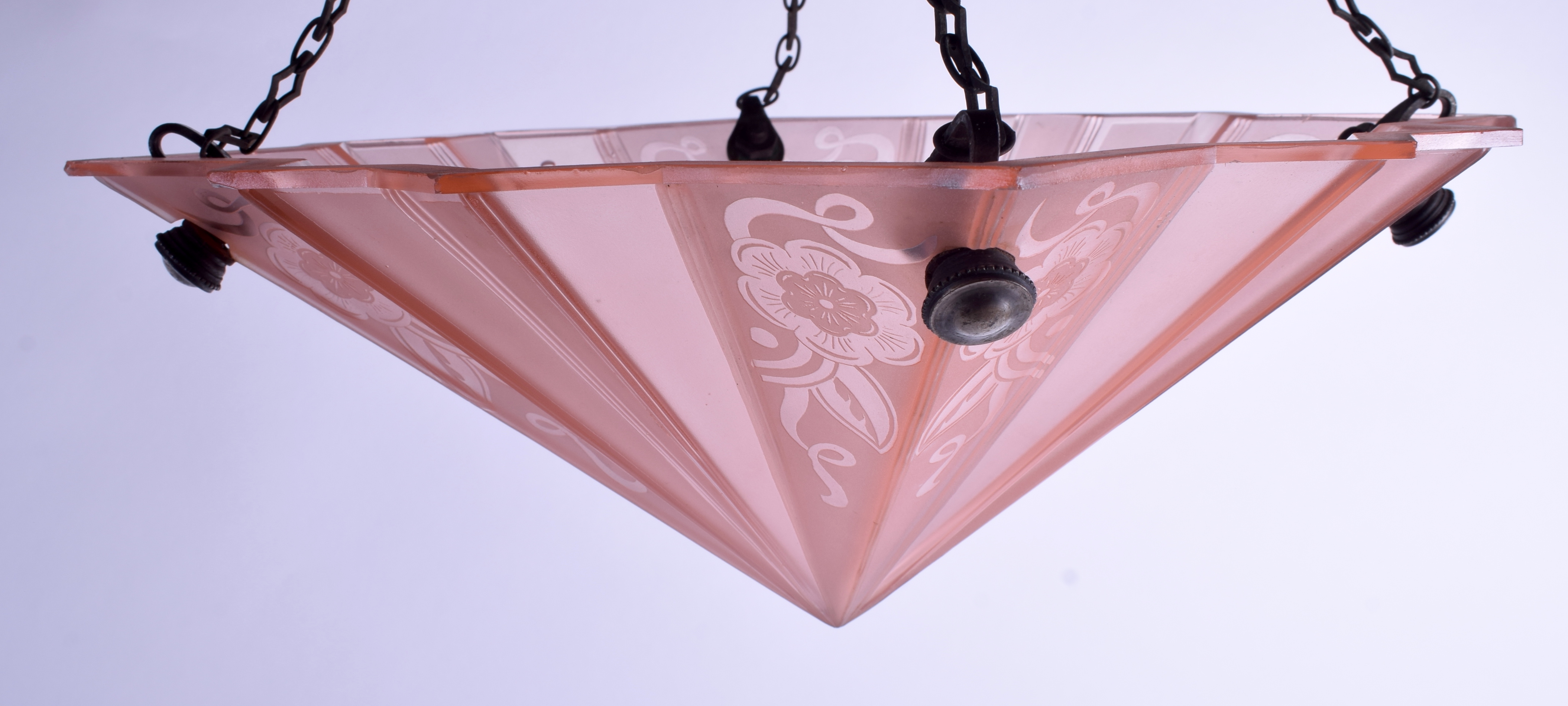 A 1940S PINK GLASS HANGING PENDANT LAMP decorated with foliage. 28 cm x 28 cm. - Image 2 of 3