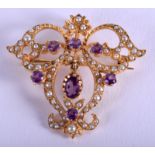 AN ANTIQUE 9CT GOLD AMETHYST AND PEARL BROOCH. 7.2 grams. 4 cm x 3.75 cm.