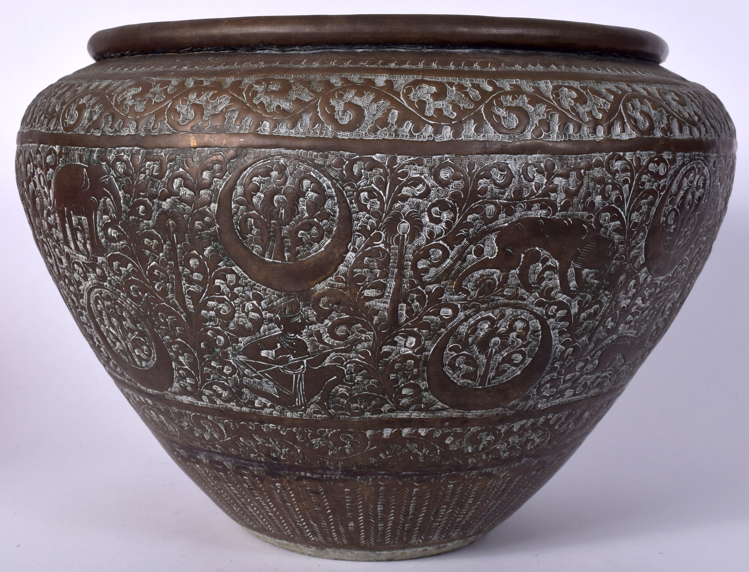 A LARGE 19TH CENTURY INDIAN BRONZE VASE JARDINIERE, decorated in relief with figures and animals am - Image 2 of 4