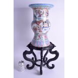 A 19TH CENTURY CHINESE CANTON FAMILLE ROSE GU VASE Qing, upon a hardwood stand. Vase 38 cm x 18 cm.