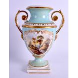 AN EARLY 19TH CENTURY DERBY TWIN HANDLED PORCELAIN VASE painted with a view in Derbyshire. 23 cm x