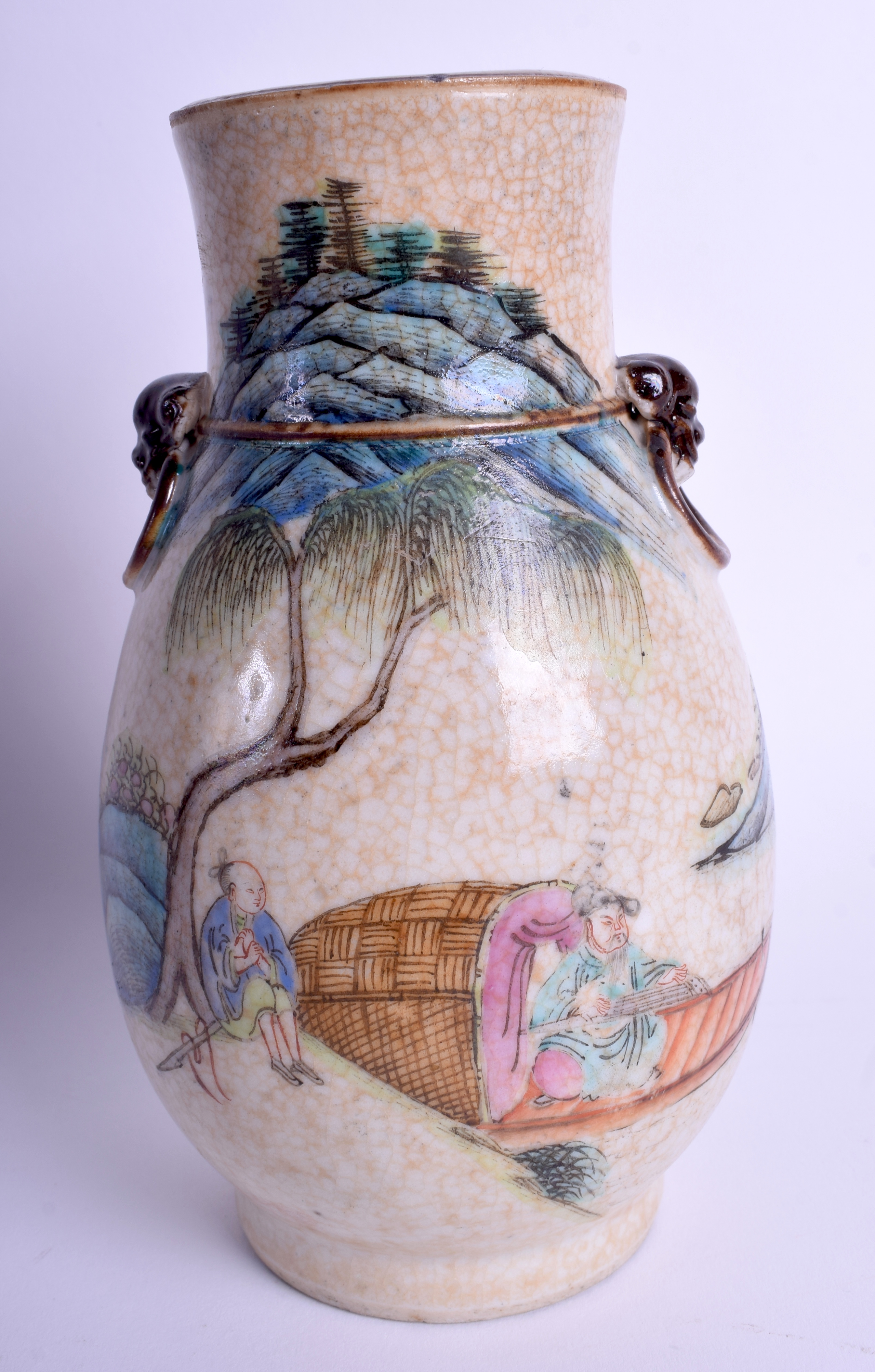 A 19TH CENTURY CHINESE FAMILLE ROSE CRACKLED GLAZED VASE Qing, painted with figures on a boat. 17 c