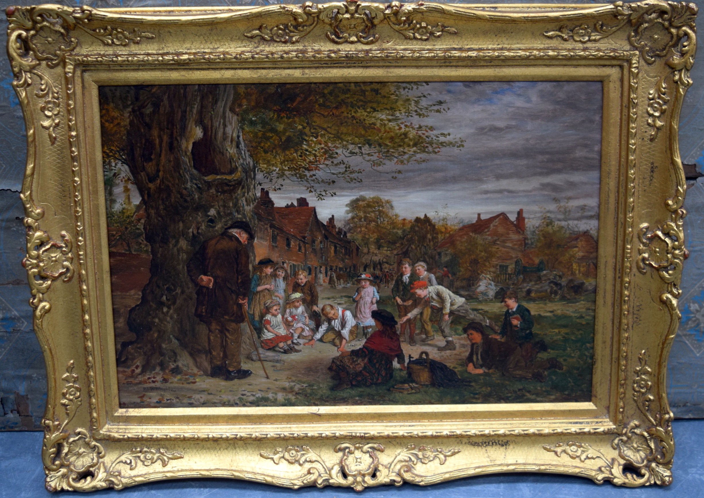 ROBERT WILLIAM WRIGHT (act 1870-1906) FRAMED OIL ON BOARD, signed & dated, children playing in the