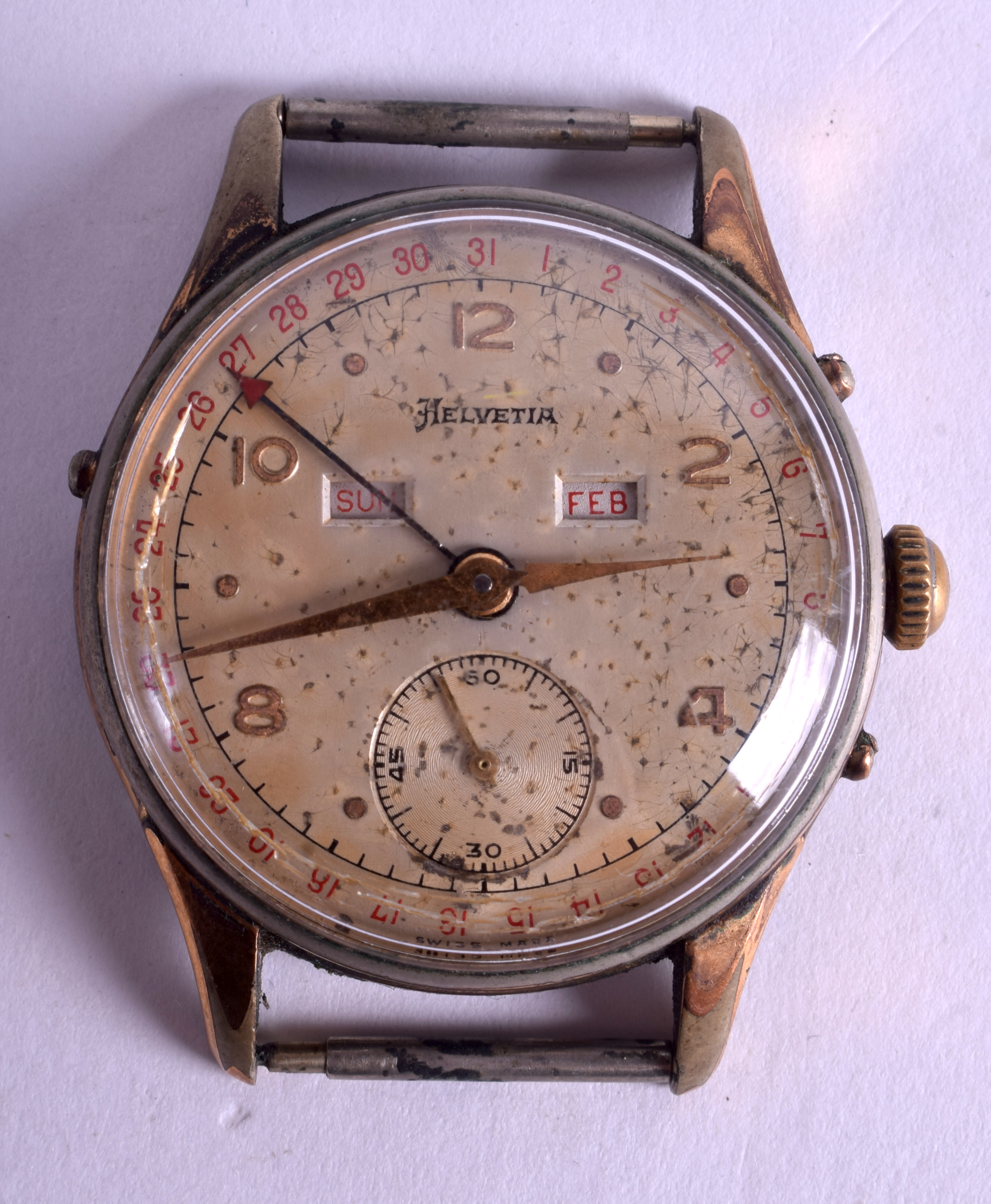 A 1950S CHROME AND GOLD HELVETIA WATCH. 3.5 cm wide.