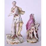 AN 18TH CENTURY BOW PORCELAIN FIGURE OF A FEMALE, together with a Chelsea candlestick figure. Large