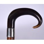 AN EARLY 20TH CENTURY BUFFALO HORN HANDLED WALKING CANE, formed with a London hallmarked silver col