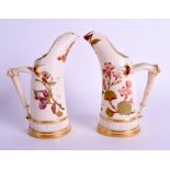 A PAIR OF ANTIQUE ROYAL WORCESTER BLUSH IVORY ELEPHANT TUSK JUGS Shape 1116, Pre 1891. 15 cm high.