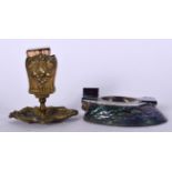 AN ABALONE ASH TRAY, together with a bronze match box holder decorated with fruiting vines. Tray 15