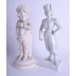 AN ANTIQUE PARIAN WARE FIGURE OF A BOY together with a Sevres style blanc de chine soldier. 24 cm h