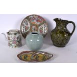 A CHINESE FAMILLE ROSE PORCELAIN DISH, together with a canton teapot, jug etc. (5)