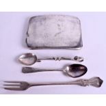 THREE PIECES OF CONTINENTAL SILVER FLATWARE together with a plated cigarette case. Silver 2 oz. (4)